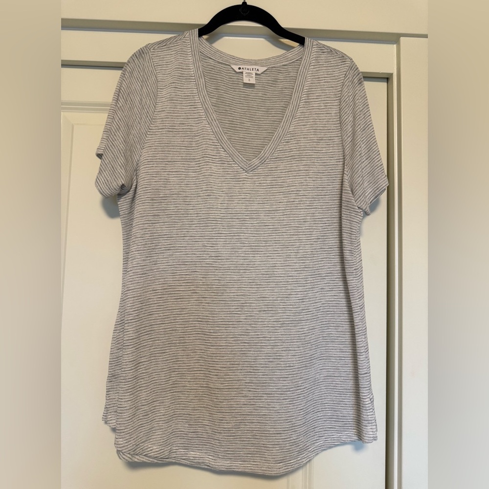 Athleta Heathered Gray & White Striped V-Neck Tee